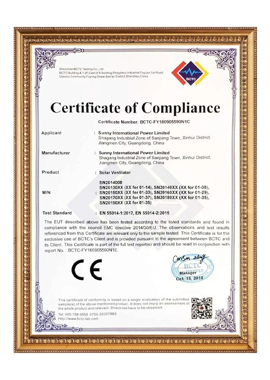 solar ventilator certificate